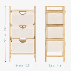 Raft pentru baie Navaris, 96 x 44 x 33 cm, organizator cu 3 sertare din material textil, cadru din bambus si raft superior, Bej - Img 4