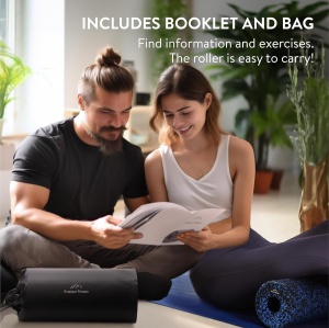 Rola cilindru pentru masaj, Everest Fitness, din spuma EPP, pentru yoga, pilates, fitness, relaxare musculara, 30 x 15 cm, geanta depozitare, ghid exercitii, Negru/Albastru - Img 4