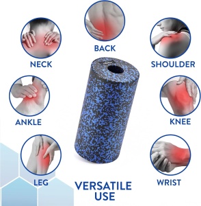 Rola cilindru pentru masaj, Everest Fitness, din spuma EPP, pentru yoga, pilates, fitness, relaxare musculara, 30 x 15 cm, geanta depozitare, ghid exercitii, Negru/Albastru - Img 5