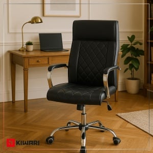 Scaun Birou Kiwari® Elm, Spatar Inalt, Sezut din Piele PU, Reglabil pe Inaltime, Baza Metal Rotativa, Design Executiv cu Cusaturi Decorative, Capacitate 120 kg, Negru - Img 2