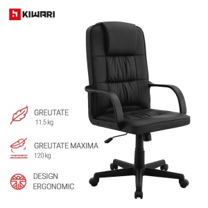 Scaun Birou Kiwari® Hab, Spatar Inalt, Sezut din Piele PU, Reglabil pe Inaltime, Baza cu Roti pentru Mobilitate, Design Executiv Confort Extra, Capacitate 120 kg, Negru - Img 3