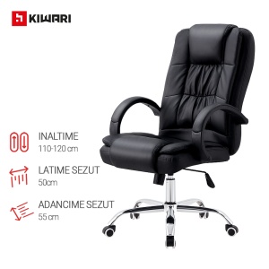Scaun Birou Kiwari® Lio, Spatar Inalt, Sezut din Piele PU, Reglabil pe Inaltime, Baza Metal Rotativa, Design Executiv Confort Extra, Capacitate 120 kg, Negru - Img 4