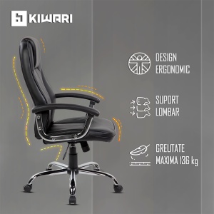 Scaun de birou ergonomic Kiwari® Ako, spatar inalt, mecanism inclinabil cu reglaj pe gaz, brate ergonomice fixe din PP, baza cromata, roti nylon silentioase / rotatie 360°, tapiterie PU+PVC, suporta 136 kg, Negru - Img 5