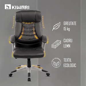 Scaun de birou ergonomic Kiwari® Eliot, spatar inalt, mecanism inclinabil cu reglaj pe gaz, rotatie 360°, brate late PP ergonomice, baza cromata stabila, roti nylon silentioase, tapiterie PU+PVC neteda, suporta 136 kg, Negru - Img 3
