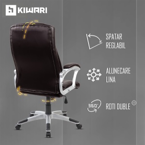 Scaun de birou ergonomic Kiwari® Eliot, spatar inalt, mecanism inclinabil cu reglaj pe gaz, rotatie 360°, brate late PP ergonomice, baza cromata stabila, roti nylon silentioase, tapiterie PU+PVC neteda, suporta 136 kg, Maro inchis - Img 6