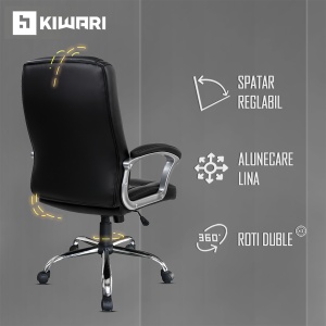 Scaun de birou ergonomic Kiwari® Nobu, spatar inalt, mecanism inclinabil cu reglaj pe gaz, rotatie 360°, brate fixe PP rezistente, baza cromata stabila, roti nylon silentioase, tapiterie PU+PVC neteda si usor de curatat, suporta 136 kg, Ne - Img 6