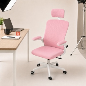 Scaun ergonomic de birou Kiwari® Cloud, tetiera reglabila, spatar din plasa, mecanism butterfly, roz