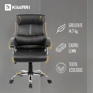 Scaun ergonomic Kiwari® Rei, spatar inalt, mecanism inclinabil cu piston pe gaz, ajustabil pe inaltime, rotatie 360°, brate fixe ergonomice PP, baza cromata, roti nylon silentioase, tapiterie PU+PVC, suporta 130 kg, Negru - Img 4