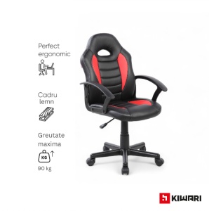 Scaun gaming Kiwari Min, material PU+PVC, cadru lemn, baza nylon, mecanism reglabil, brate fixe, roti silentioase, inaltime ajustabila, Negru