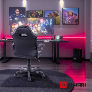 Scaun gaming Kiwari Min, material PU+PVC, cadru lemn, baza nylon, mecanism reglabil, brate fixe, roti silentioase, inaltime ajustabila, Negru - Img 5