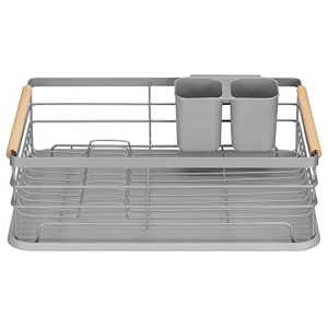 Scurgator de vase Navaris, 42.5 x 31.5 x 14 cm, din metal, manere din bambus, tava scurgere, suport detasabil pentru tacamuri, Gri - Img 3