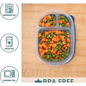 Set 10 caserole alimentare, FRESHLY CONTAINED, 3 compartimente, 780 ml, din plastic, fara BPA, capace etanse, reutilizabile, lavabile in masina de spalat vase, potrivite pentru cuptorul cu microunde si congelator, Albastru/Transparent - Img 6