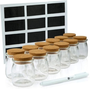 Set 12 borcane pentru condimente, HEYNNA, cu dop de pluta, etichete reutilizabile si marker tip creta