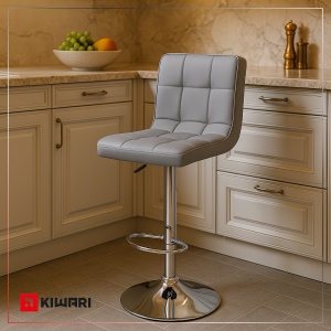 Set 2 Scaune Bar/Bucatarie Kiwari® Lior, Inaltime 59-79 cm, Sezut PU, Spuma si Baza Rotativa Crom, Design Modern Bucatarie/Dining, Capacitate 120 kg, Gri - Img 5