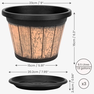 Set 3 ghivece pentru flori Belle Vous, 23 x 16 cm, design rustic tip butoi, 8.5 L, plastic, cu orificii de drenaj si tava, pentru interior/exterior, Maro/Negru - Img 2