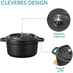 Set 4 mini oale din fonta Navaris, 14 cm, cu capac, suport din lemn, compatibile inductie/cuptor/gratar, rezistente la temperaturi ridicate, Negru - Img 8