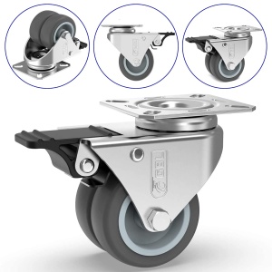 Set 4 roti duble pivotante GBL, 50 mm, pivotante 360°, sarcina maxima de incarcare 200kg, sistem de franare, poliuretan, Gri - Img 7