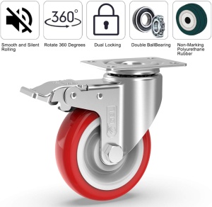 Set 4 roti pivotante GBL, 125 mm, sarcina maxima de incarcare 800 Kg, rotatie 360°, poliuretan, cu sistem de franare, Rosu/Argintiu - Img 4