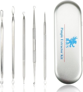 Set 5 instrumente pentru eliminarea punctelor negre H&S, din inox, pentru curatarea tenului si acnee, carcasa din inox, Argintiu