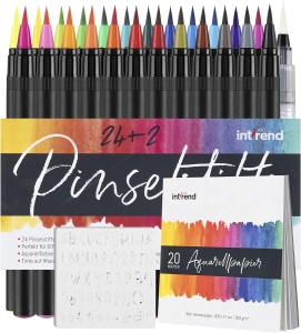 Set 51 piese Intrend 24 creioane tip carioca cu varf Flexibil tip Pensula, acuarela, 2 creioane cu varf pensula pe baza de apa, 20 de foi, 5 sabloane, perfecte Hobby, Desen, Caligrafie