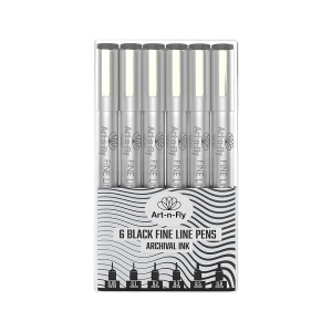 Set 6 Pixuri Profesionale Fineliner, Art-n-Fly, cerneala neagra pe baza de pigmenti, scriere neteda si uscare rapida, impermeabile, varf rotund 0, 05-0, 8 mm