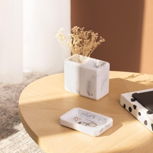 Set accesorii de baie Navaris, 3 piese, dispenser sapun lichid 320 ml, suport periute dinti si sapuniera, design marmura, elegant, Alb - Img 5