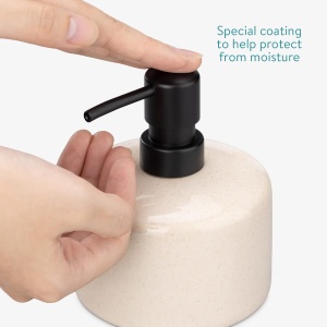 Set accesorii de baie Navaris, 3 piese, dispenser sapun lichid 400 ml, suport periute dinti si sapuniera, din ceramica, design piatra, elegant, Crem - Img 4