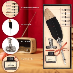 Set caligrafie Belle Vous, pana retro tip pana de gasca, design elegant, cerneala neagra 15 ml, 5 penite, suport si cutie cadou, Negru/Maro - Img 4