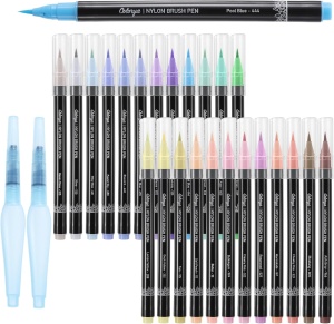 Set carioci Profesionale, Colorya, pentru pictura, caligrafie, cerneala pe baza de apa, 24 carioci cu varf flexibil, 2 pensule cu rezervor pentru apa, Multicolor - Img 5