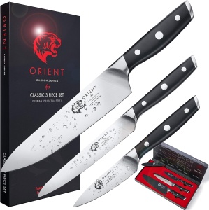 Set cutite de bucatarie Orient, Carbon Series, 3 piese, din otel inoxidabil german X50 Ultra +, negru