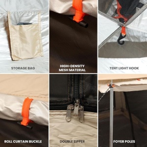 Set de camping Belle Vous, cort pentru 3-4 persoane, 195 x 195 x 135 cm, masa si 2 scaune pliabile, 4 piese, impermeabil, ideal pentru drumetii/pescuit, usor de montat, Maro - Img 4