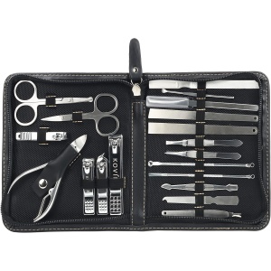 Set manichiura si pedichiura Kovira, 19 piese din inox, trusa ingrijire unghii si fata, geanta depozitare piele ecologica, 16 x 2.6 x 14.2 cm, Negru