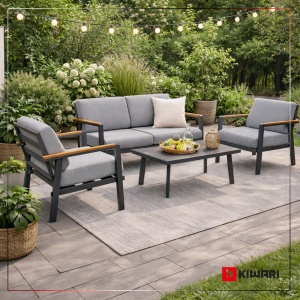 Set mobilier gradina Kiwari® Amalfi, 4 locuri, masa, canapea, si doua fotolii, masa 96 x 60 x 36 cm, canapea 78 x 138 x 72 cm, 2 fotolii 78 x 73.5 x 72 cm, cadru metal, sticla 5 mm, perne detasabile 11 cm, terasa/gradina, Gri - Img 5