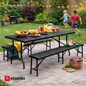 Set Mobilier Gradina Kiwari®, Masa Pliabila 180x75x74 cm + 2 Banci, 6 Persoane, Cadru Metalic, Negru - Img 5