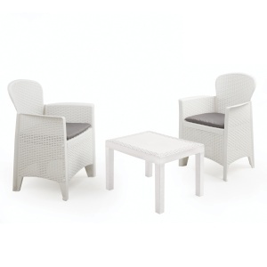 Set mobilier gradina/terasa, Progarden, AKITA, 3 piese, polipropilena, alb, 2 scaune 59x57x85.5 cm, masa 59x46x40 cm, cu perne incluse