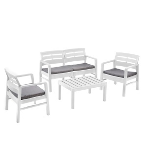Set mobilier gradina/terasa, Progarden, JAVA, 4 piese, polipropilena, alb, canapea 2 locuri 121x58x74 cm, 2 scaune 63x58x74 cm, masa 74x55x38 cm, cu perne incluse