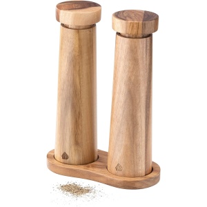 Set rasnite sare si piper Navaris, cu suport, mecanism ceramic ajustabil, 20.5 x 5, 5 cm, din lemn de acacia, Maro