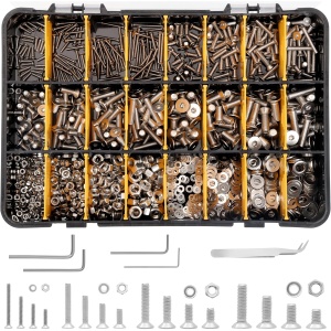 Set suruburi si piulite Belle Vous, 1120 piese, cap plat hexagonal, otel inoxidabil 201, M2–M5, 8–20 mm, cu saibe, chei imbus, cutie organizare, Negru
