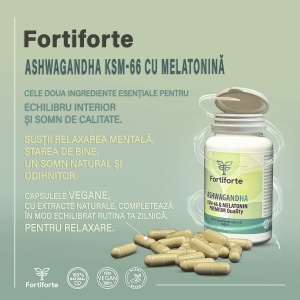 Supliment alimentar ASHWAGANDHA KSM-66 & MELATONIN PREMIUM Quality, Fortiforte, 60 capsule - Img 2