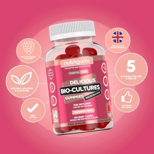 Supliment alimentar Bio-Cultures Microbiome Gummies, Nutrigums, 12 probiotice multi-tulpini 1 miliard CFU, Acidophilus si Bifidobacterium, sprijina sanatatea intestinala, vegan, aroma de capsuni, 60 de jeleuri - Img 3