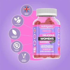 Supliment alimentar Women's Vitality Gummies, Nutrigums, Multivitamine, Probiotice, 19 nutrienti activi, pentru intestin, oase, energie, par, piele, vedere si imunitate, pentru femei, vegan, aroma de fructe de padure, 60 de jeleuri - Img 2