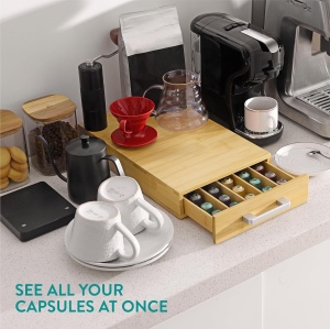 Suport 60 capsule de cafea Navaris, din bambus, 38.5 x 23.5 x 6 cm, compatibil cu Nespresso, tip sertar, Maro - Img 7