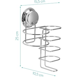 Suport de perete Navaris, pentru uscator de par si placa, montare cu ventuza fara gaurire, 25 x 15.5 x 10.5 cm, inox, organizator baie, Argintiu - Img 7