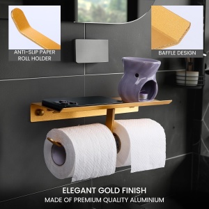 Suport pentru hartie igienica Belle Vous, raft pentru telefon, din aluminiu, 28 x 10 x 6.5 cm. Auriu - Img 3