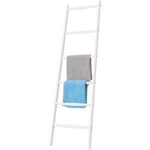 Suport pentru prosoape Navaris, tip scara, din bambus, 6 trepte, 170 x 56 cm, Alb - Img 6