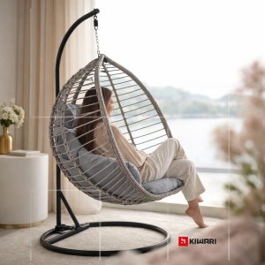 Balansoar suspendat tip cuib Kiwari® Cosy, cuib 68 x 105 x 115 cm, suport metalic 195 cm cu baza rotunda diametru 103 cm, plastic rezistent, leagan relaxare pentru casa/gradina/terasa/balcon, Negru - Img 2