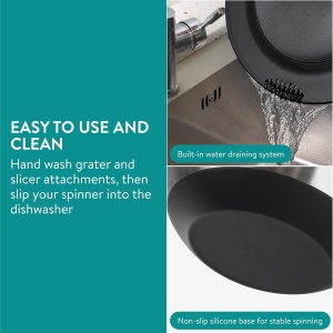 Bol multifunctional Navaris cu centrifuga pentru salata, 5 discuri interschimbabile pentru feliere si razuire, sita inclusa, inox, baza antiderapanta, Argintiu - Img 8