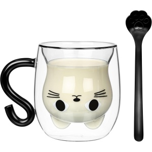 Cana termoizolata Belle Vous, din sticla borosilicata, design pisica, pereti dubli, 290 ml, cu lingurita, Transparent/Negru