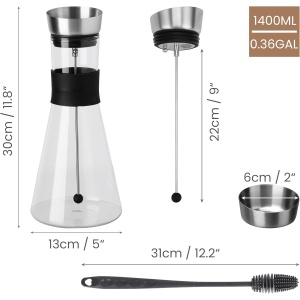 Carafa din sticla Belle Vous, capac inox si accesoriu fructe, 1, 4 L, borosilicata termorezistenta, cu maner silicon si perie curatare, Transparent - Img 6
