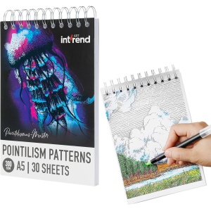 Carte de colorat Pointillism Intrend, format A5, 21 x 14.8 cm, 30 modele pretiparite, hartie 300 g/m², adulti/copii